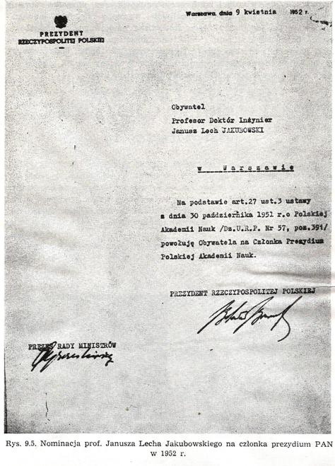 Nominacja prof. Janusza Lecha Jakubowskiego na czonka prezydium PAN - 1952